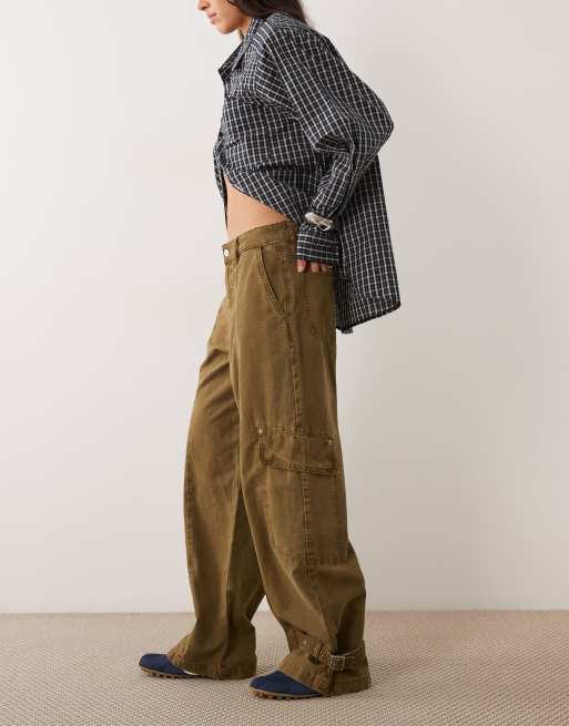ASOS DESIGN trouser with adjustable hem detail in washed khaki, 3 of 5