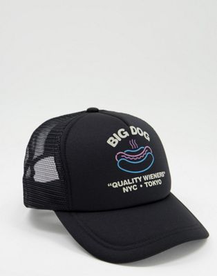 ASOS DESIGN retro trucker cap in black with food text print