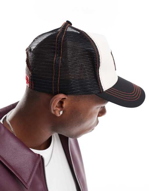 ASOS DESIGN trucker cap with embroidery in black and ecru ASOS