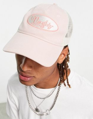ASOS DESIGN trucker cap with text badge in pink and ecru-Multi