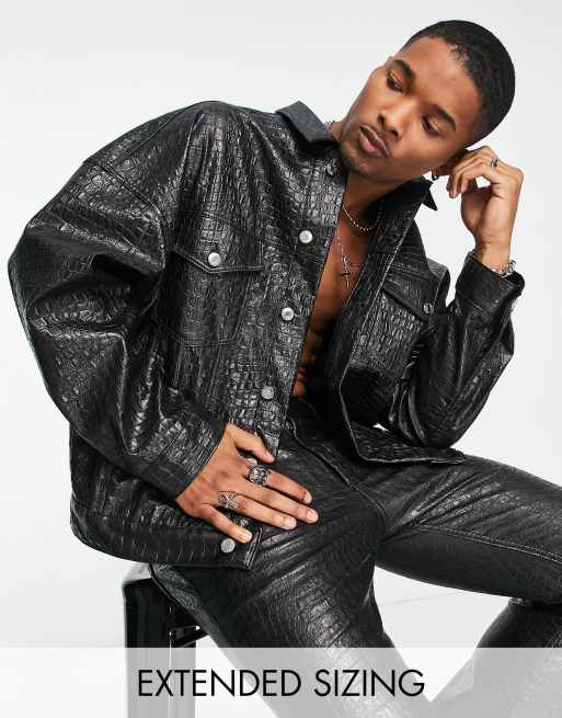 ASOS DESIGN trucker jacket in black croc leather look - part of a set