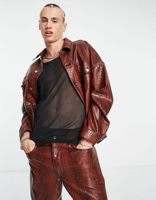 ASOS DESIGN trucker jacket in red snake print leather look - part of a ...