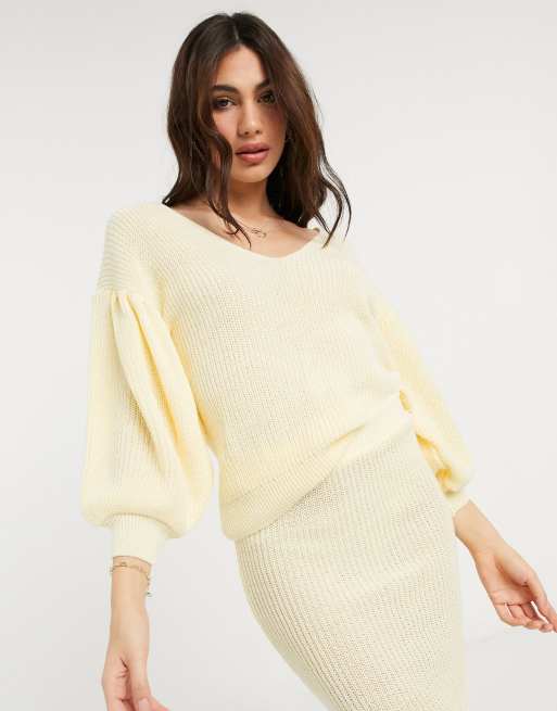 ASOS DESIGN - Trui co-ord set met V-hals in lichtgeel
