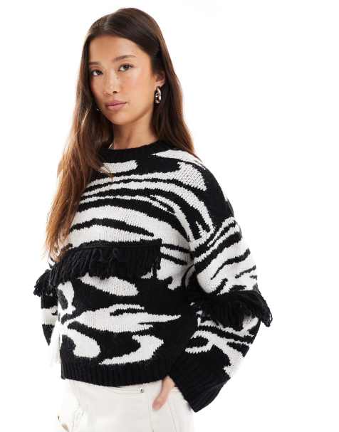 ASOS DESIGN - Trui met abstract patroon en franjes in zwart-wit - view 1
