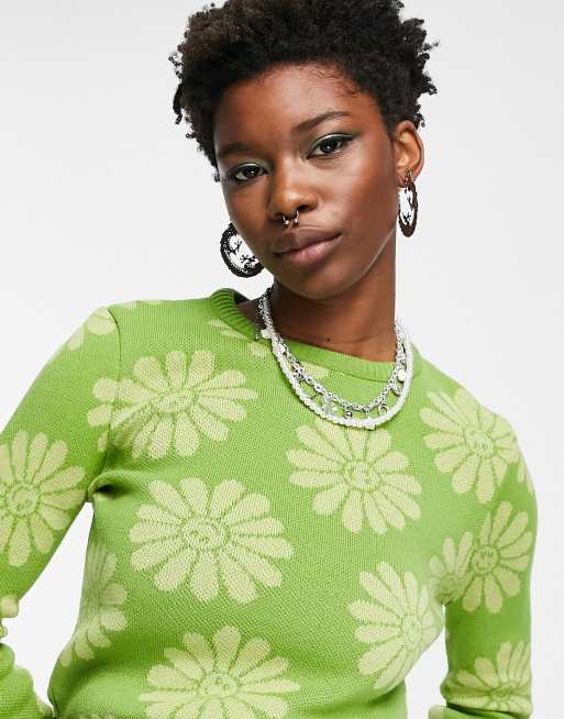 ASOS DESIGN - Trui met bloem- en glimlachpatroon in groen 