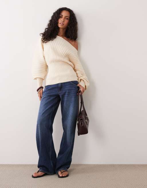 ASOS DESIGN trui met brede ribbels, blote schouders en getailleerde taille in crème, 2 van 4