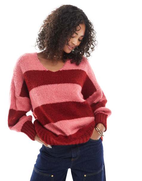 ASOS DESIGN - Trui met brede strepen en V-hals in roze en rood - view 1