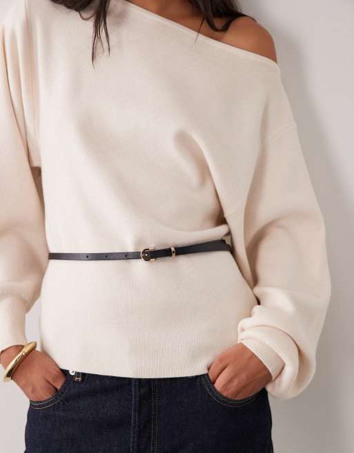 ASOS DESIGN trui met ceintuur en schuine hals in crème, 3 van 4