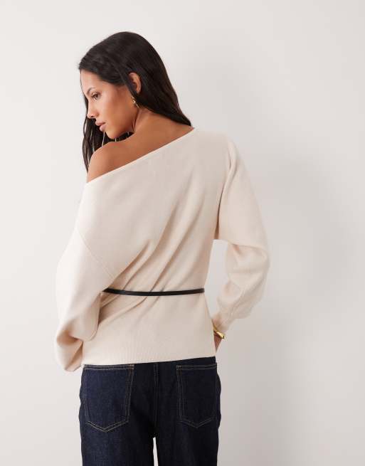 ASOS DESIGN trui met ceintuur en schuine hals in crème, 4 van 4