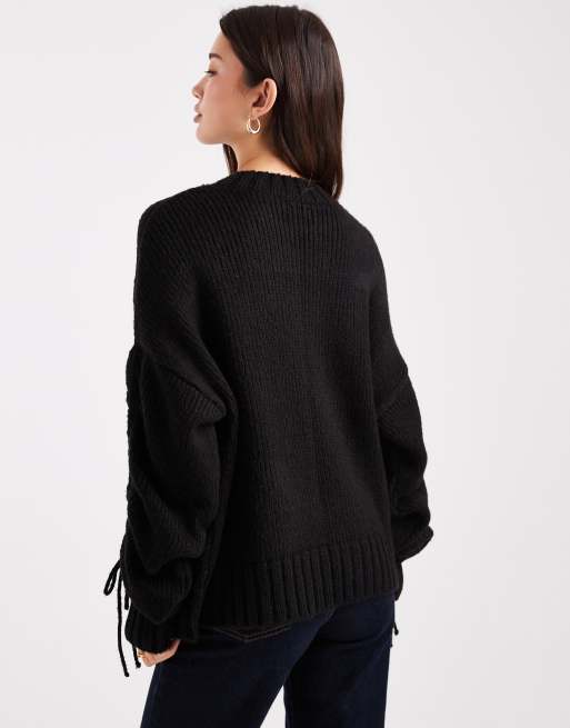 ASOS DESIGN - Trui met gerimpelde gestrikte mouwen in zwart, 3 van 4