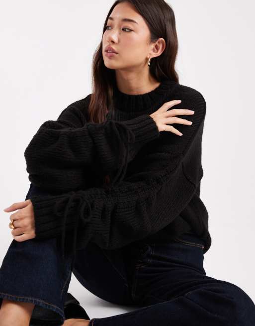 ASOS DESIGN - Trui met gerimpelde gestrikte mouwen in zwart, 4 van 4