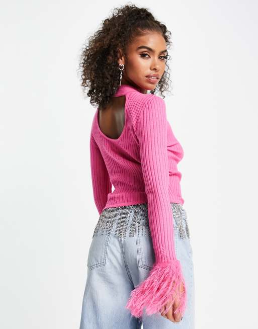 ASOS DESIGN - Trui met manchetten met imitatieveren in roze, 2 van 4