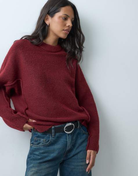 ASOS DESIGN trui met naaddetails en batwingmouwen in bordeauxrood - view 1