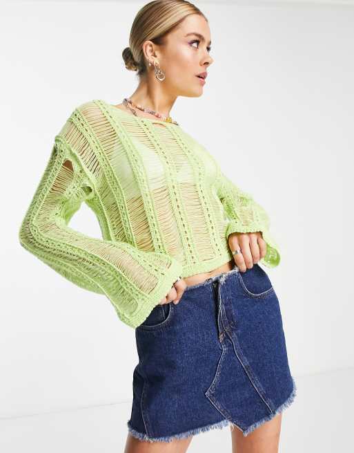 ASOS DESIGN - Trui met opengewerkte laddersteken in groen