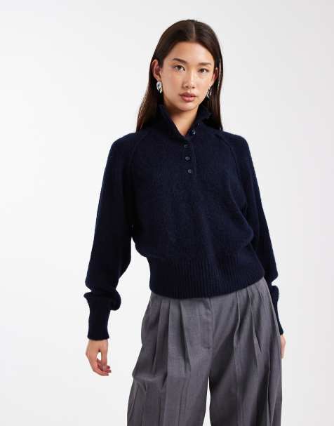 ASOS DESIGN - Trui met opstaande boord met knoopbies in marineblauw - view 1