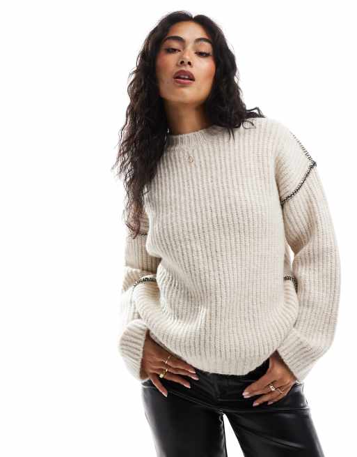 ASOS DESIGN - Trui met ronde hals en festonsteek in ivoorwit