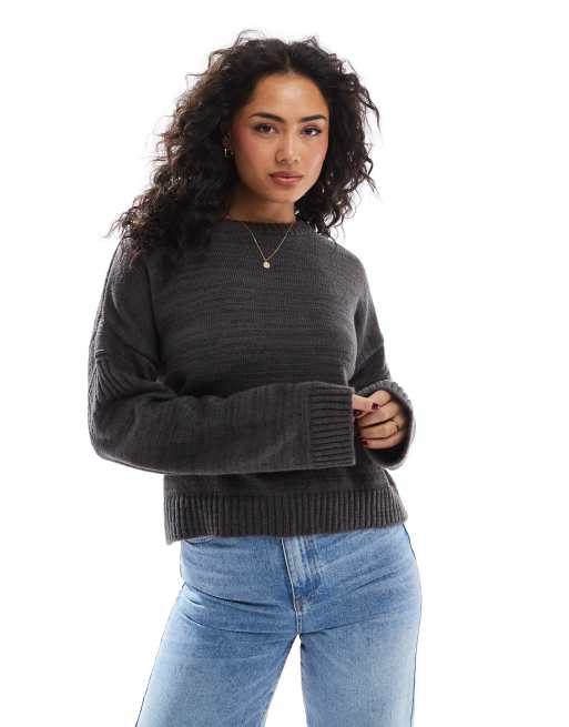 ASOS DESIGN - Trui met ronde hals en geribbelde mouwen in grijs