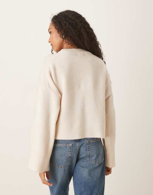 ASOS DESIGN - Trui met ronde hals en wijde manchetten in crème, 3 van 4