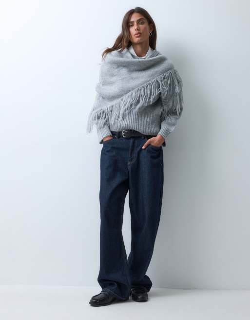 ASOS DESIGN trui met sjaaldetail en franjes in grijs, 2 van 5