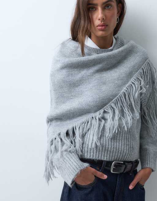 ASOS DESIGN trui met sjaaldetail en franjes in grijs, 5 van 5