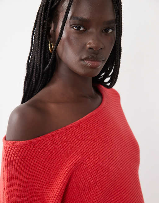 ASOS DESIGN trui met structuur, ribbels, getailleerde taille en boothals in rood, 4 van 4