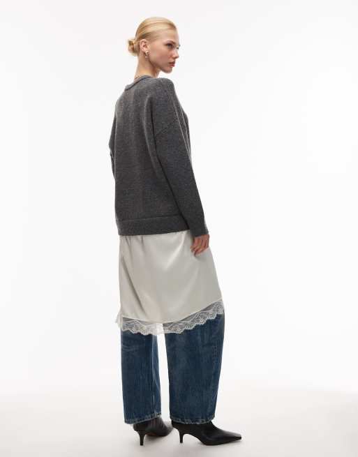 ASOS DESIGN - Trui met zoom van kantmix met lange pasvorm in grijs, 3 van 4