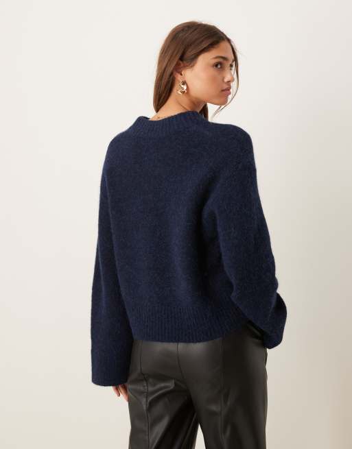 ASOS DESIGN - Trui van alpaca wolmix met V-hals in marineblauw, 2 van 4