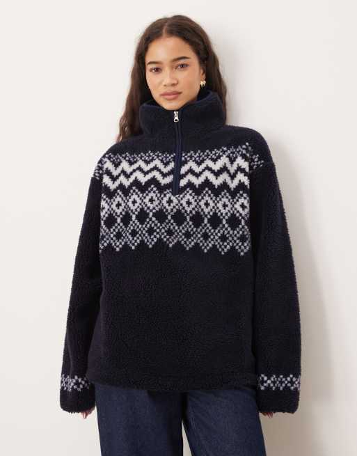 ASOS DESIGN - Trui van borg met korte rits en fairisle-ontwerp in marineblauw