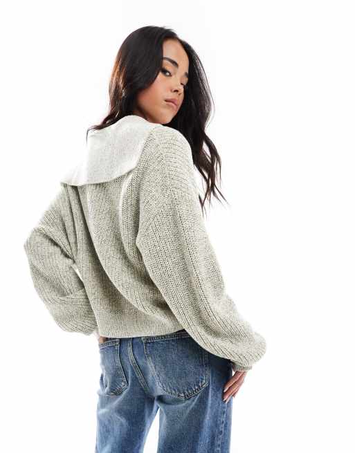 ASOS DESIGN - Trui van gemêleerd garen met wijde kraag in kaki, 4 van 4