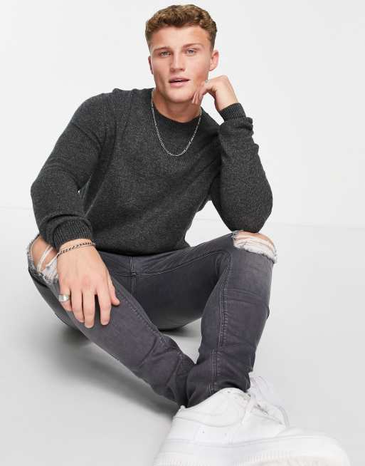 ASOS DESIGN - Trui van lamswol met ronde hals in antraciet