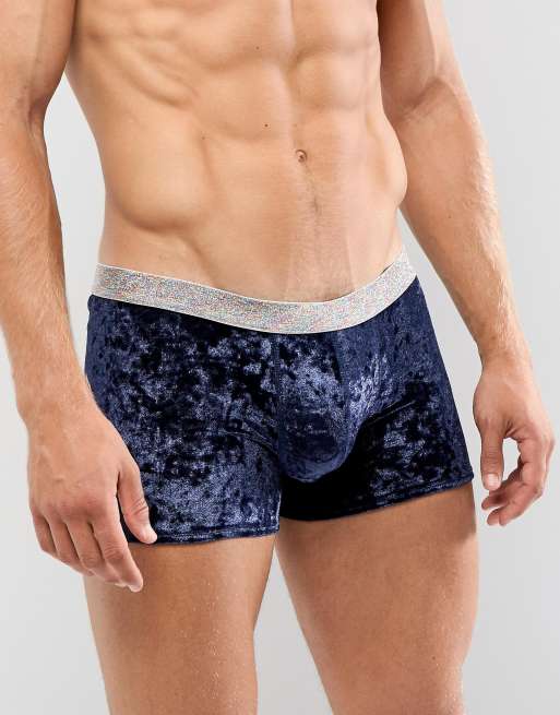 ASOS DESIGN trunks in navy velour with rainbow glitter waistband