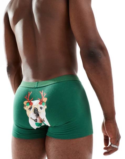 ASOS DESIGN trunks with christmas bulldog in dark green - view 1