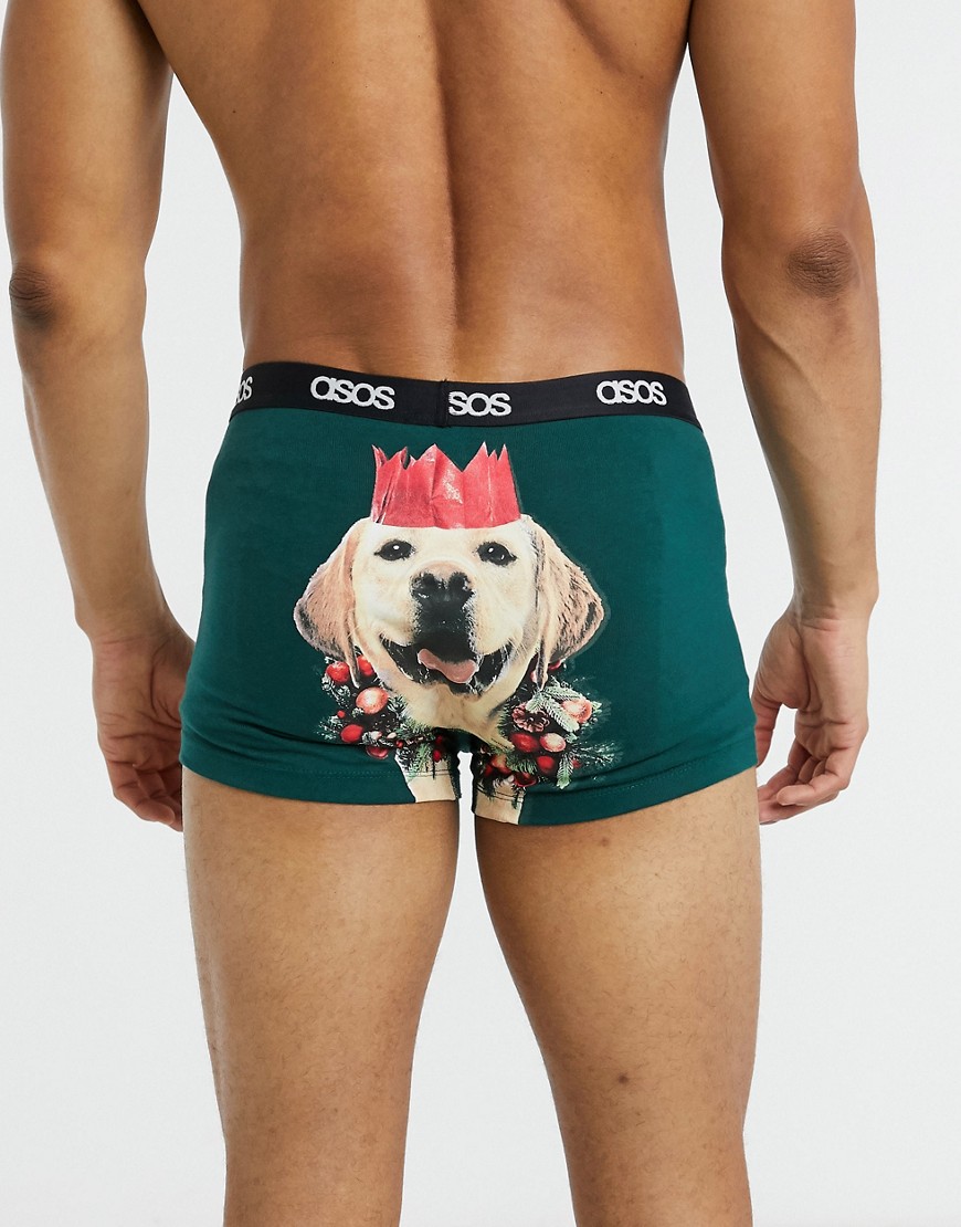 ASOS DESIGN trunks with Christmas bum dog print-Green