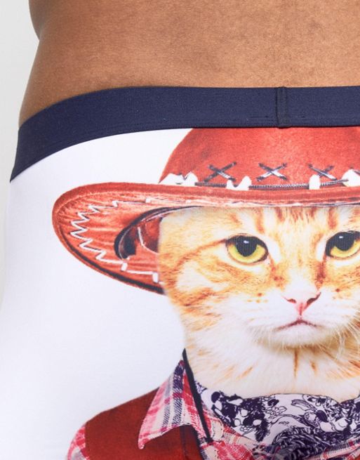 ASOS DESIGN trunks with cat in drinks dispenser hat back print