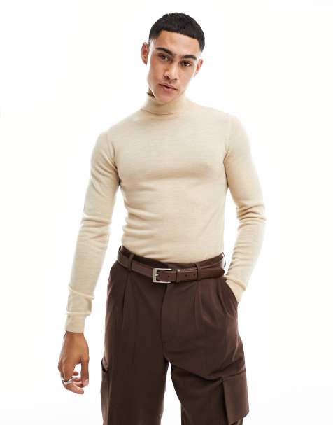 ASOS DESIGN - Tætsiddende, beige rullekravebluse i strikket merinould - view 1