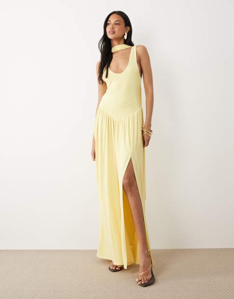 ASOS DESIGN - Tætsiddende citrongul maxikjole med tørklædedetalje - view 1