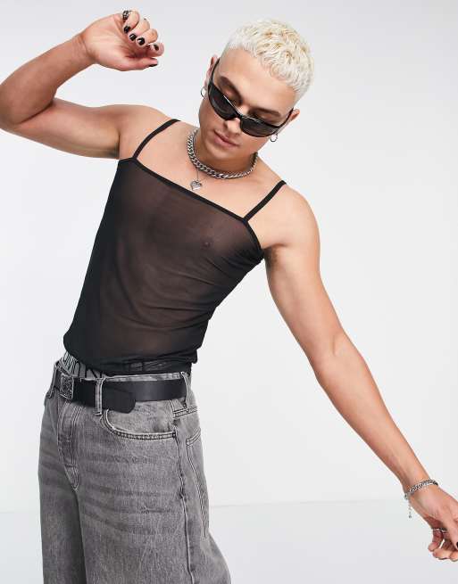 ASOS DESIGN - Tætsiddende crop-overdel med tynde stropper i sort mesh