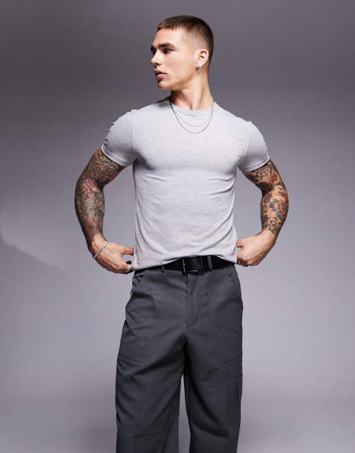 ASOS DESIGN - Tætsiddende, cropped T-shirt med afkortede ærmer i gråmeleret