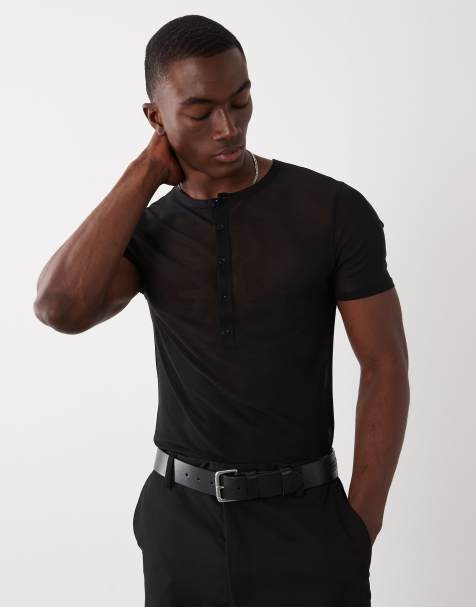 ASOS DESIGN tætsiddende Henley-T-shirt i sort mesh - view 1