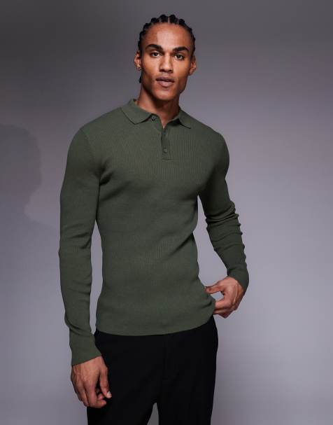 ASOS DESIGN - Tætsiddende kakifarvet poloskjorte i ribstrikket bomuldsblanding med lange ærmer - view 1