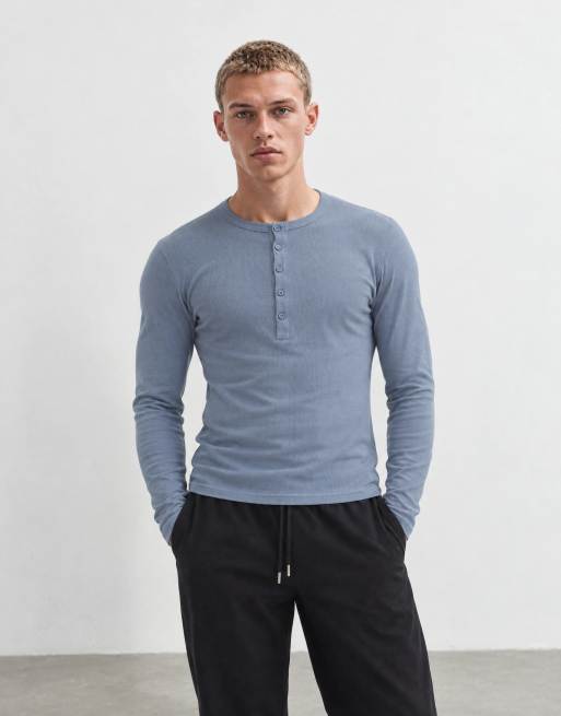 ASOS DESIGN tætsiddende langærmet henley-T-shirt i blå rib, 9 af 9