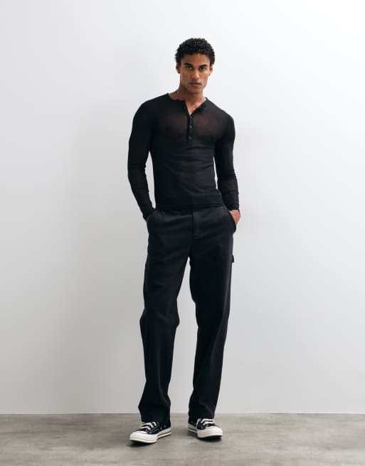 ASOS DESIGN tætsiddende langærmet Henley-T-shirt i sort mesh, 2 af 5