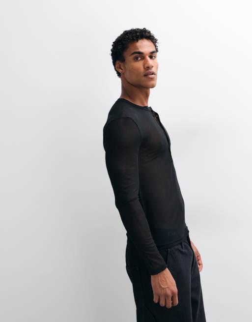ASOS DESIGN tætsiddende langærmet Henley-T-shirt i sort mesh, 5 af 5