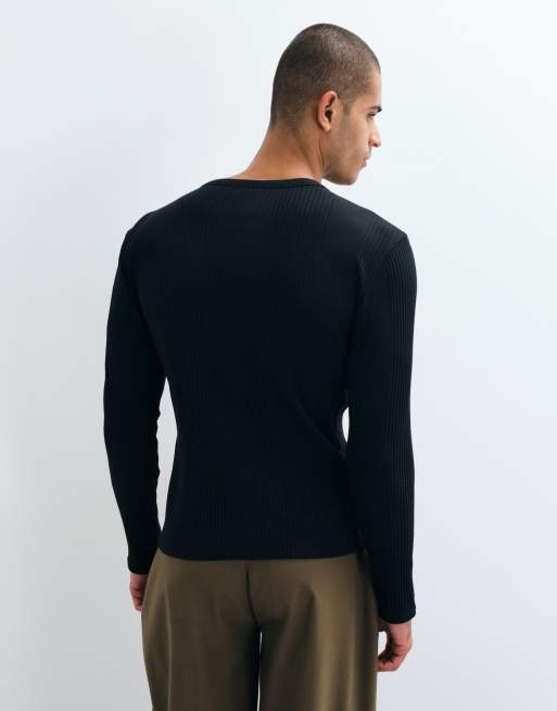 ASOS DESIGN tætsiddende langærmet henley-T-shirt i sort ribstrik, 3 af 5