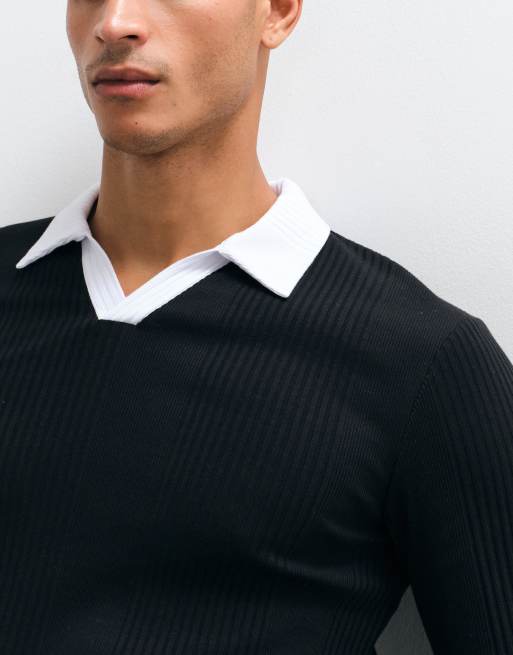 ASOS DESIGN tætsiddende langærmet polo i varierende ribstrik, sort, 4 af 5