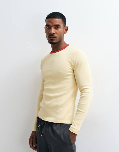 ASOS DESIGN tætsiddende langærmet ringer T-shirt i gul og rød rib - view 1