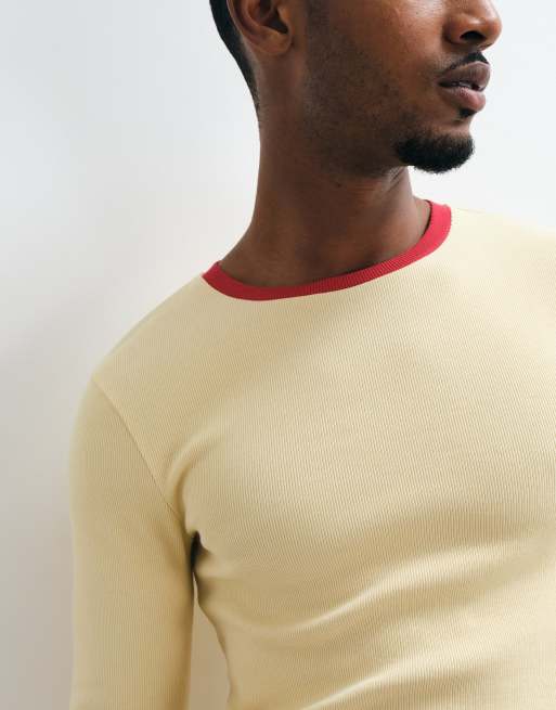 ASOS DESIGN tætsiddende langærmet ringer T-shirt i gul og rød rib, 4 af 5