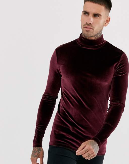 ASOS DESIGN tætsiddende langærmet t-shirt i velour med rullekrave i bourgognerød