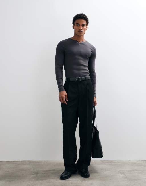 ASOS DESIGN tætsiddende langærmet T-shirt med hakudskæring i kulgrå rib, 4 af 9
