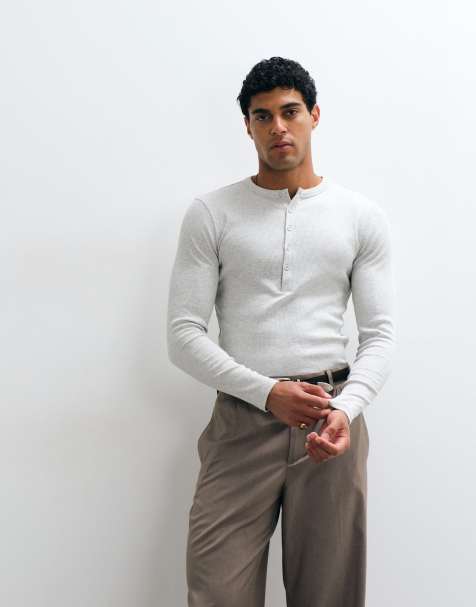 ASOS DESIGN tætsiddende langærmet T-shirt med henley i gråmeleret rib - view 1